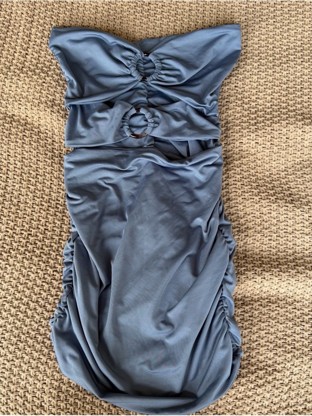 Blue Strapless Dress with Ruching & Cut-Outs